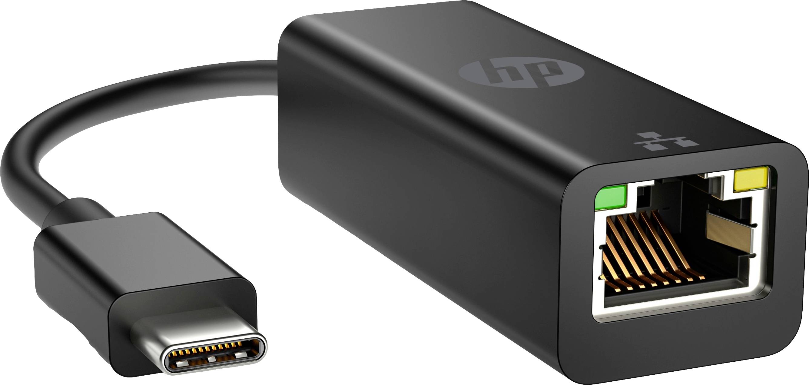 A black USB-C to Ethernet adapter. USB-C plug on the left, Ethernet port on the right. Device by HP.