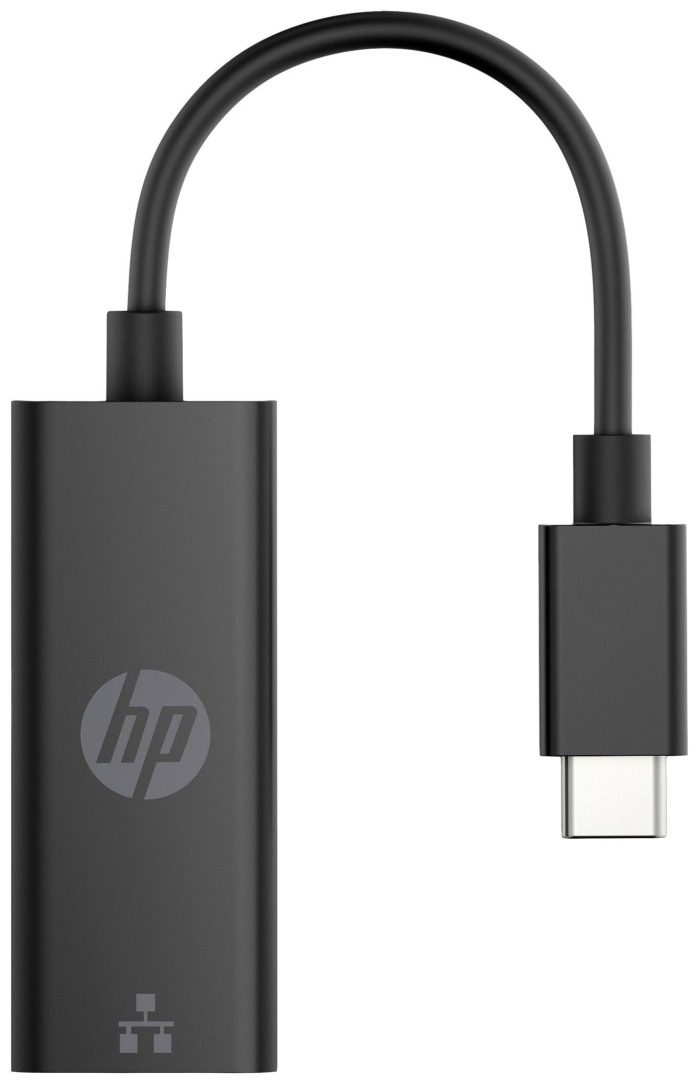 Black HP USB-C to Ethernet adapter for connecting a device to a wired network.
