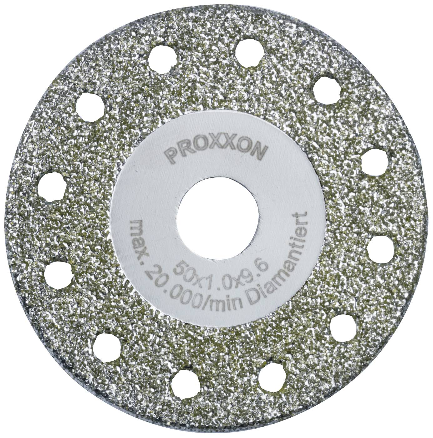 Diamond cutting disc by Proxxon with holes around the edge. Inscription 'max. 20,000/min Diamond-coated'. Suitable for cutting hard materials.