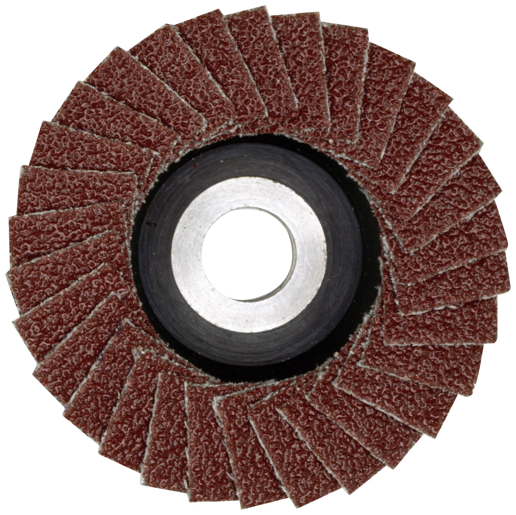 A round abrasive with reddish-brown lamellae, symmetrically arranged around a central hole, is used for grinding.