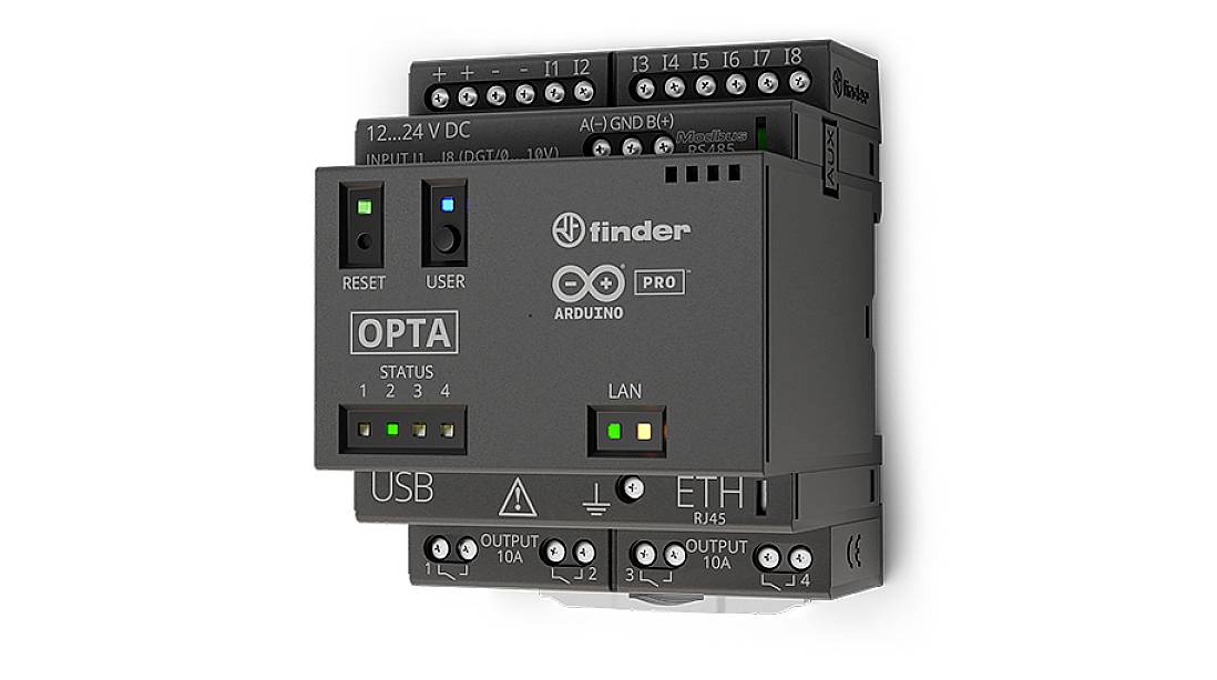 'Finder Opta' control unit with indicator lights and connections. Labels: 'RESET', 'STATUS', 'USER' and 'LAN'.