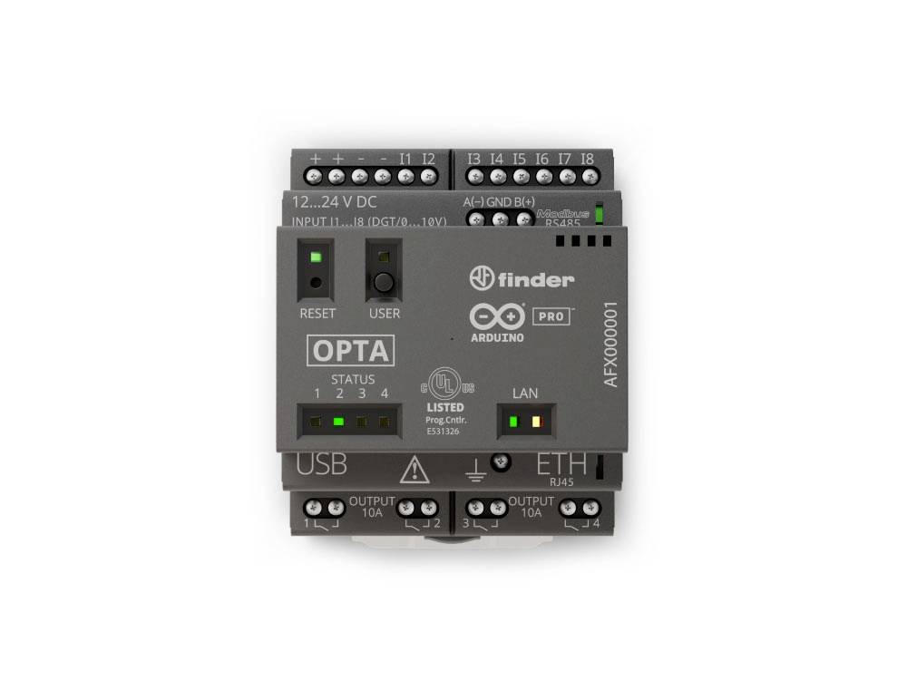 A grey electronics module with the inscription 'OPTA' and 'Arduino Pro', featuring connections for USB, ETH, and multiple inputs/outputs.