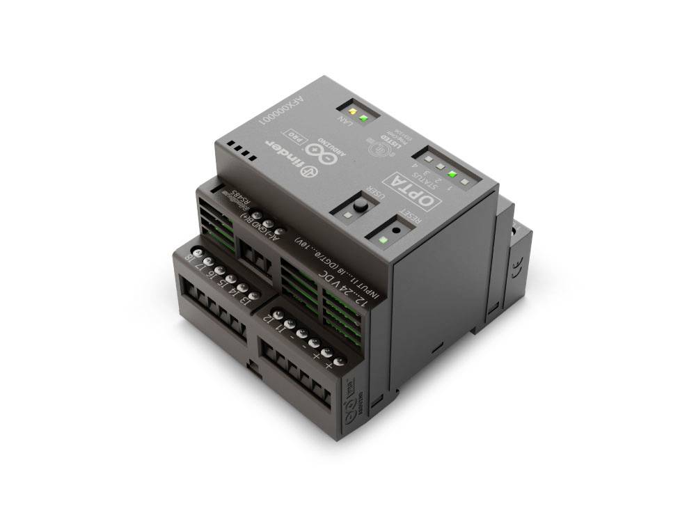 Compact, grey electronic control unit with multiple ports and LED indicators, suitable for industrial automation.
