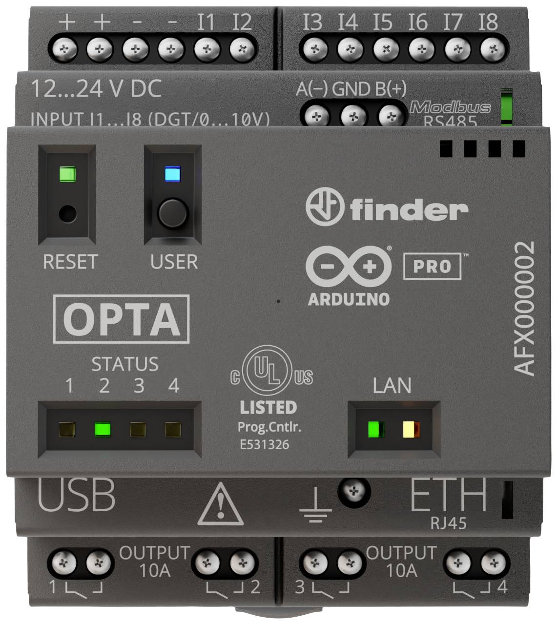 Industrial control unit with interfaces for USB, Ethernet and LAN. LED indicators for status. Connection labels clearly visible.