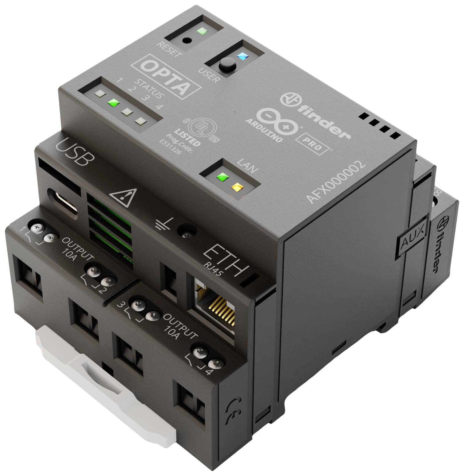 A grey electronic control unit with multiple ports and LEDs. Labels indicate 'USB' and 'ETH RJ-45' ports.