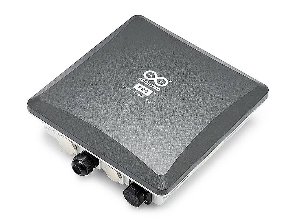 A square, dark device with the 'Arduino Pro' logo, equipped with multiple ports on its underside.