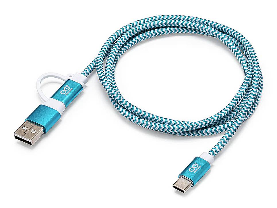 A blue and white USB cable with USB-A and USB-C connectors. The cable has a distinctive zigzag pattern and is flexible.