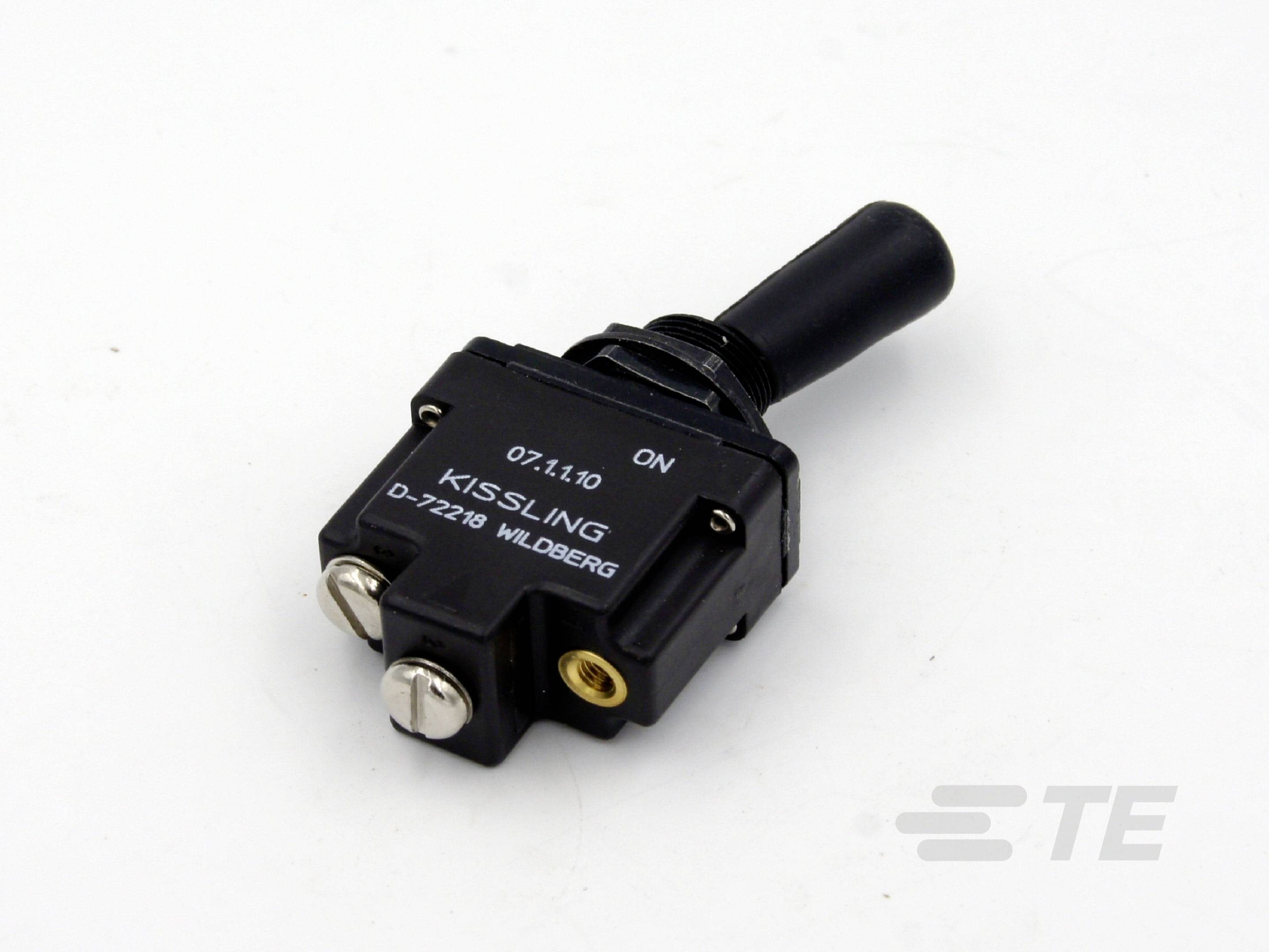 Black toggle switch with KISSLING inscription, ON marking and location D-72218 Wildberg, by the TE brand.