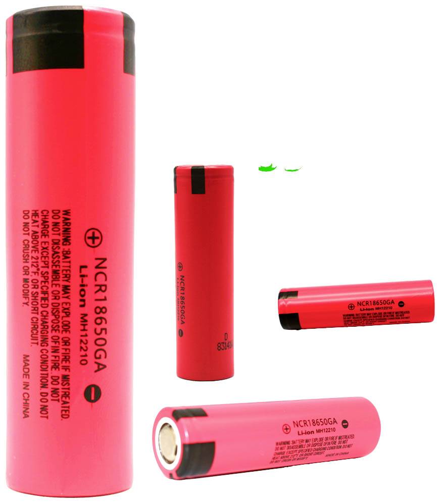Four red lithium-ion batteries of the NCR18650GA type, displayed vertically and horizontally, with markings indicating voltage and capacity.