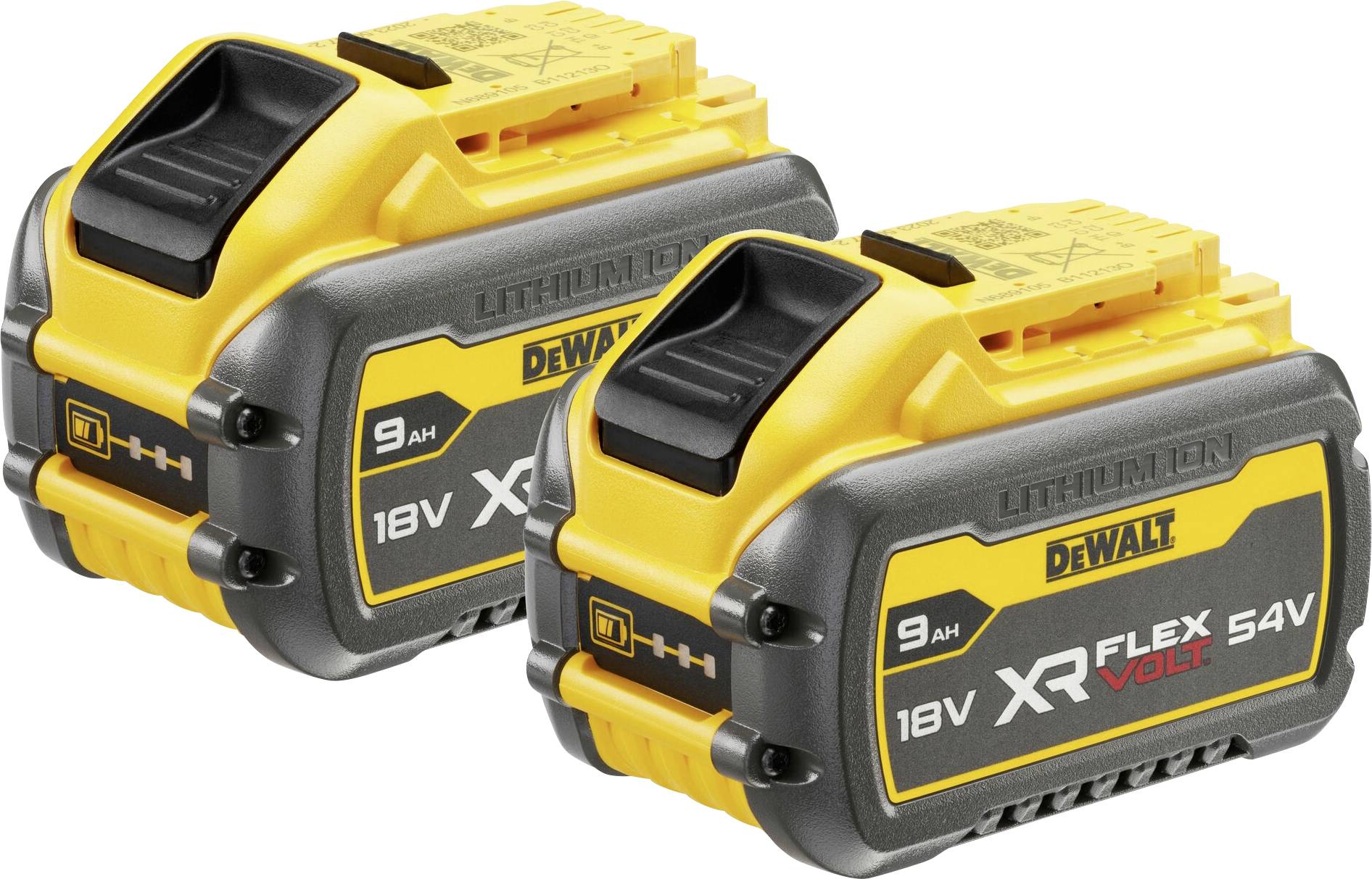 Two yellow-black 18V 9Ah DeWalt Lithium-ion batteries, XR Flexvolt model, for power tools.