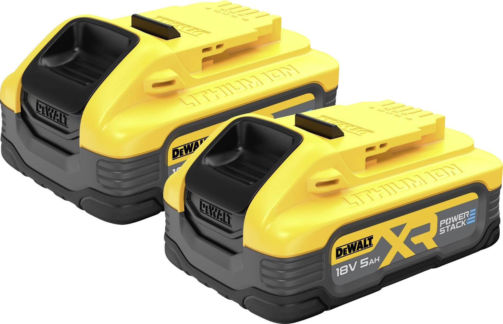 Two yellow and grey Dewalt Lithium-ion batteries, 18V, 5Ah, with 'XR Power Stack' labelling, lying side by side.
