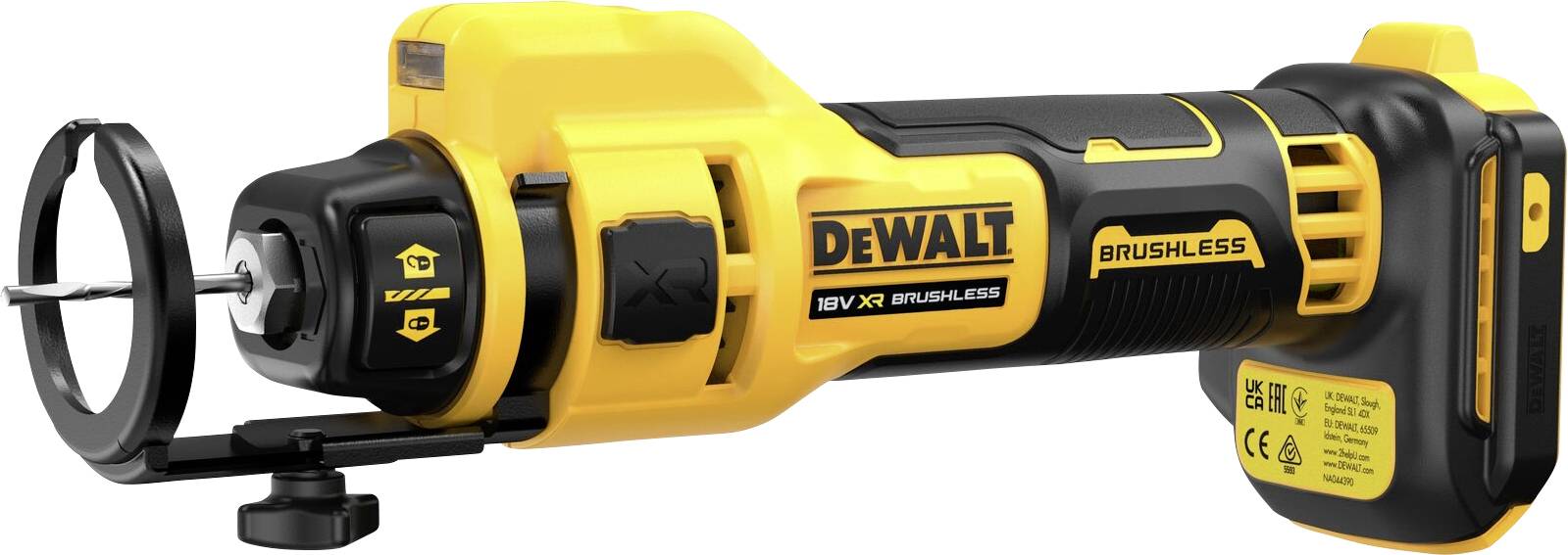 Cordless multi-function tool in yellow and black with an attachment for precise cutting results. Model number and logos on the side.