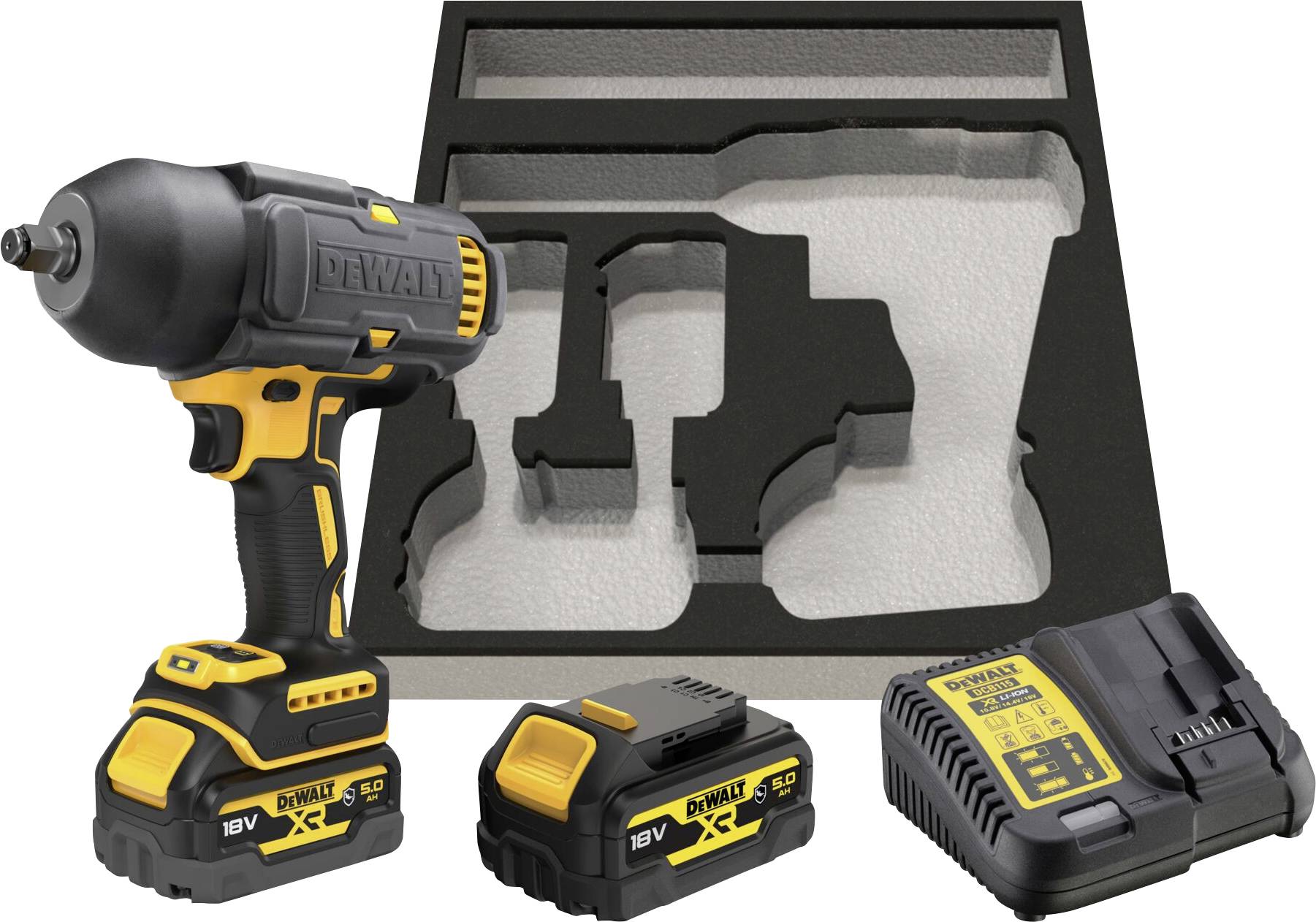 An 18V cordless impact driver set with two batteries, charger and matching foam insert, suitable for construction site work.