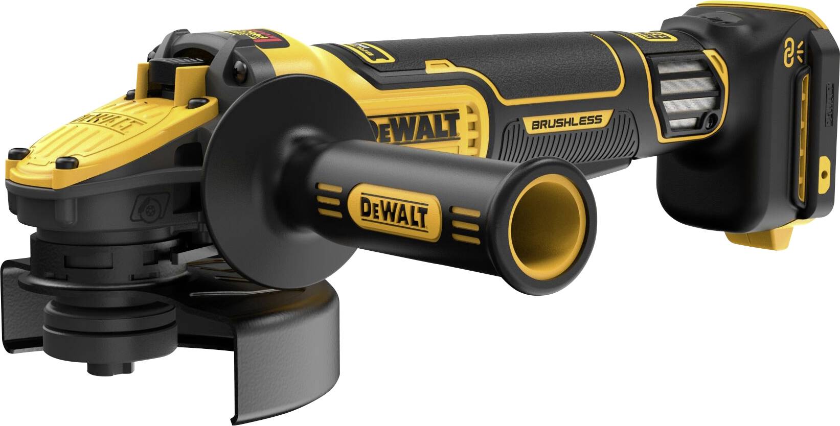 Cordless angle grinder with ergonomic handle, yellow and black design, suitable for metal cutting and polishing in workshop environments.
