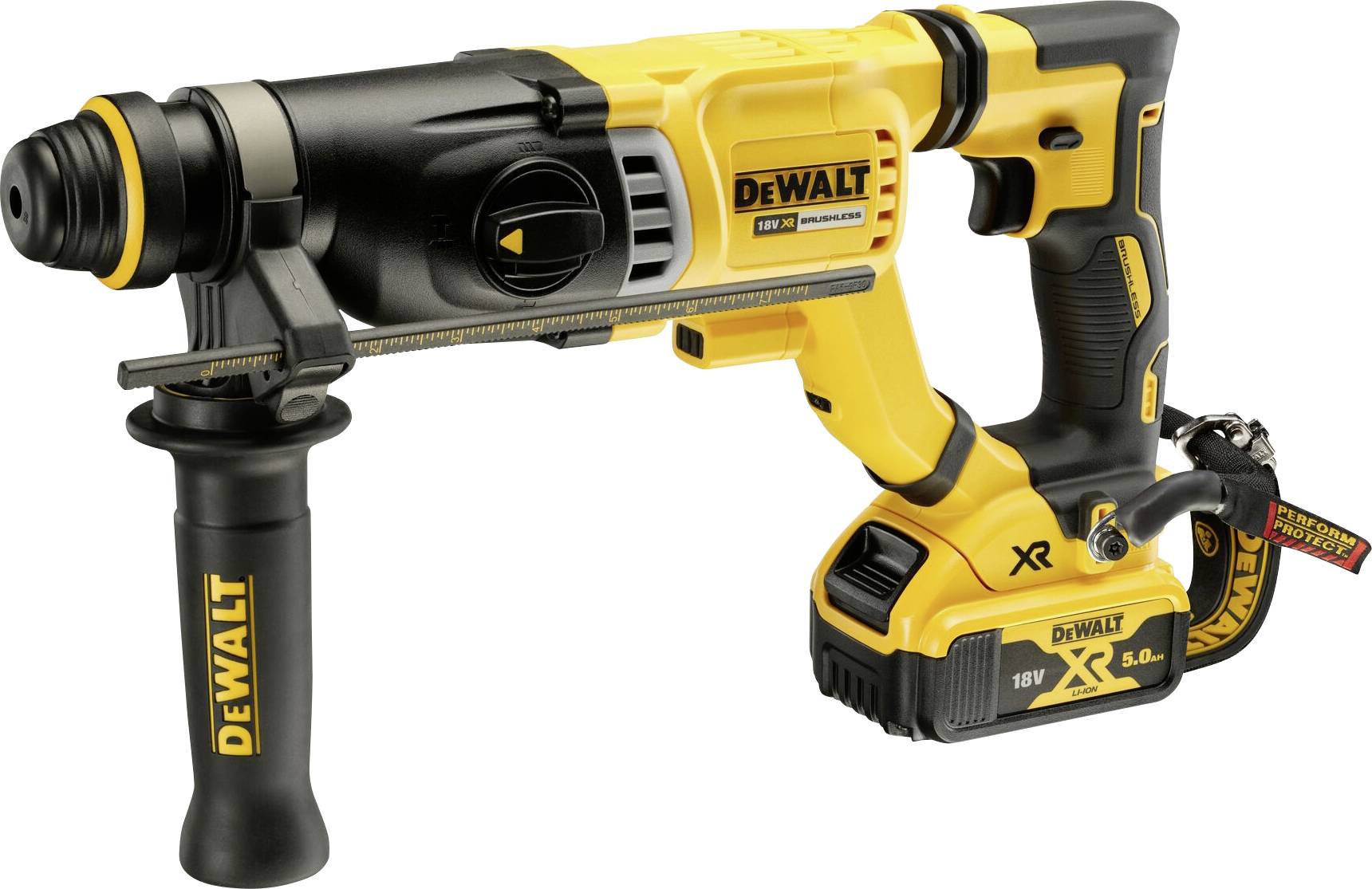 Cordless yellow hammer drill with a black handle and black battery, 'DeWalt' brand, model information visible on the side.