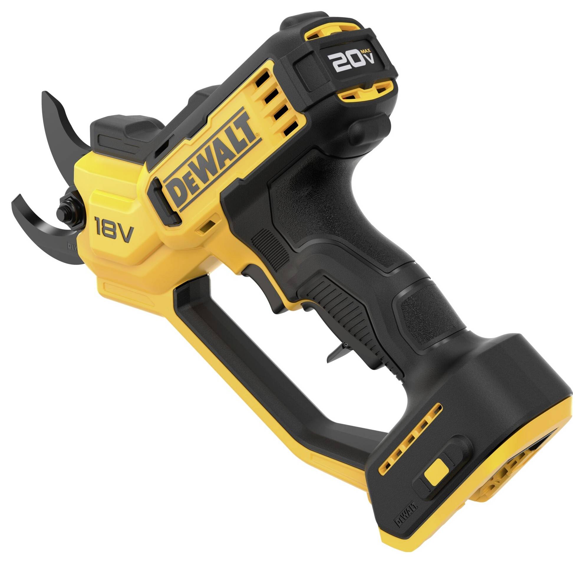 Cordless drill with ergonomic handle, yellow and black design, 'DeWalt' logo visible. Ideal for garden work. Compatible with 18V and 20V batteries.