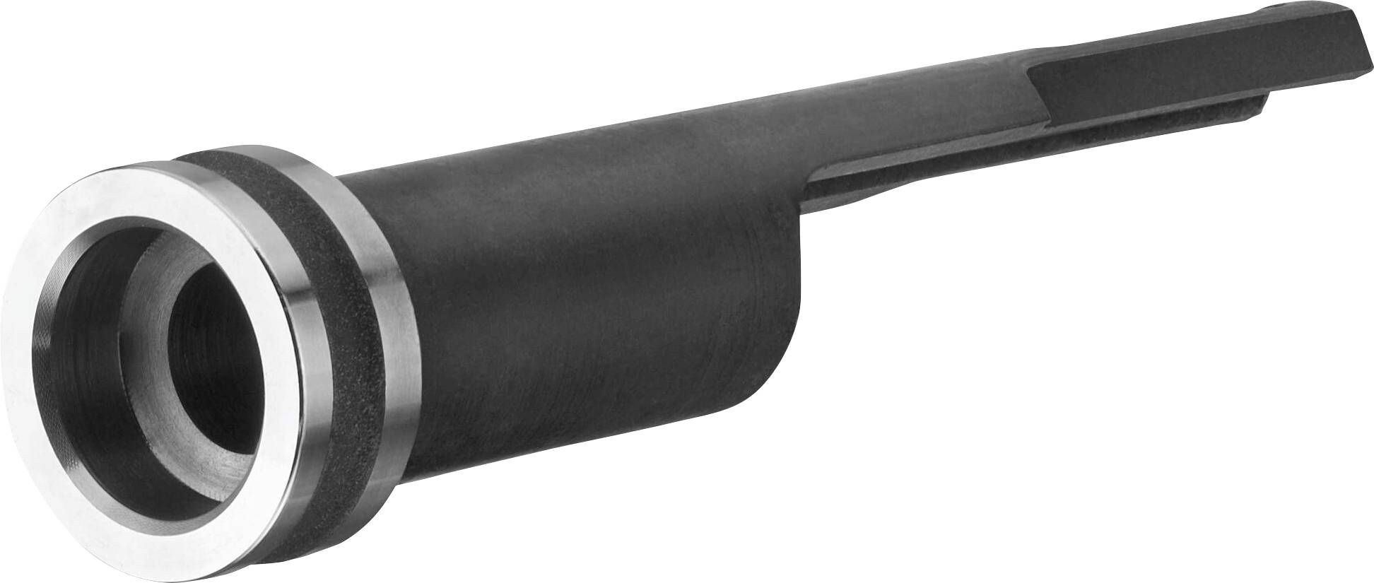 Black metal cylinder with silver trim, possibly part of a mechanical device or tool.