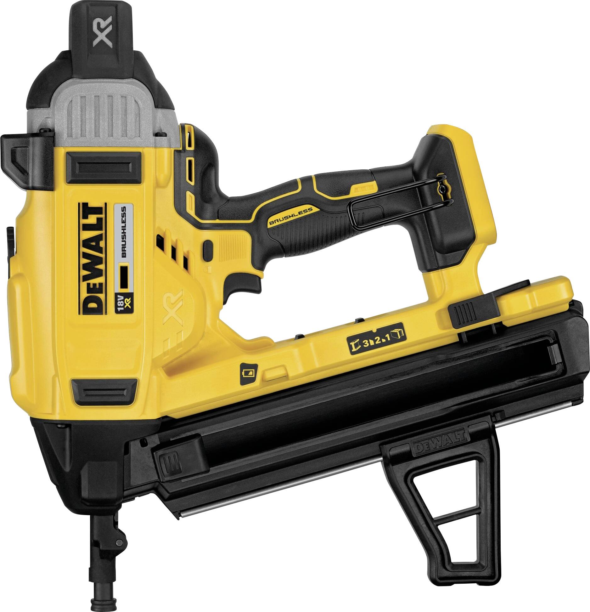 Yellow battery-powered nail gun with a black handle and magazine. Designed for construction or assembly work. Brand and model are visible on the device.