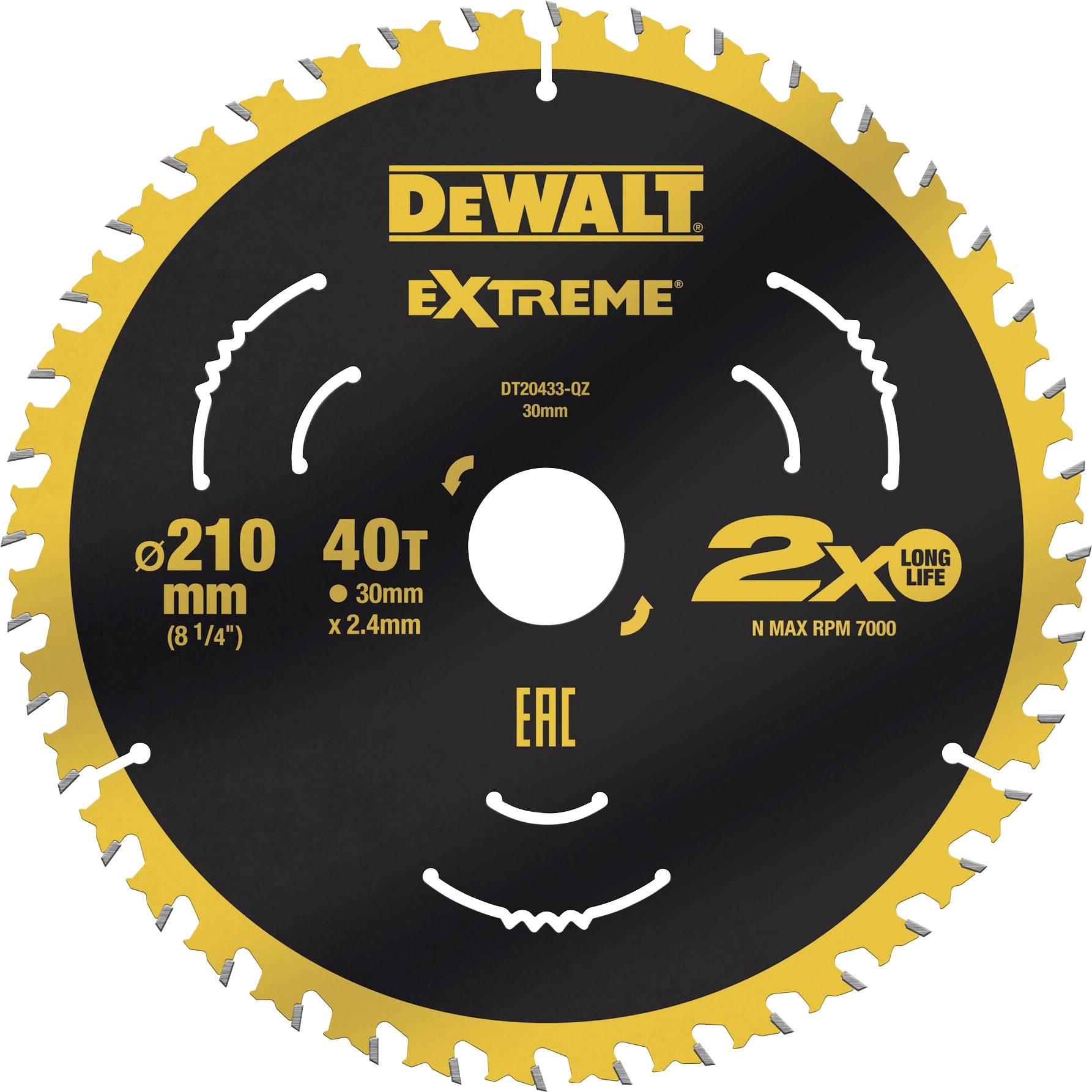 DeWalt circular saw blade, 210 mm diameter, 40 teeth, suitable for extreme loads, long service life, max. 7000 rpm.