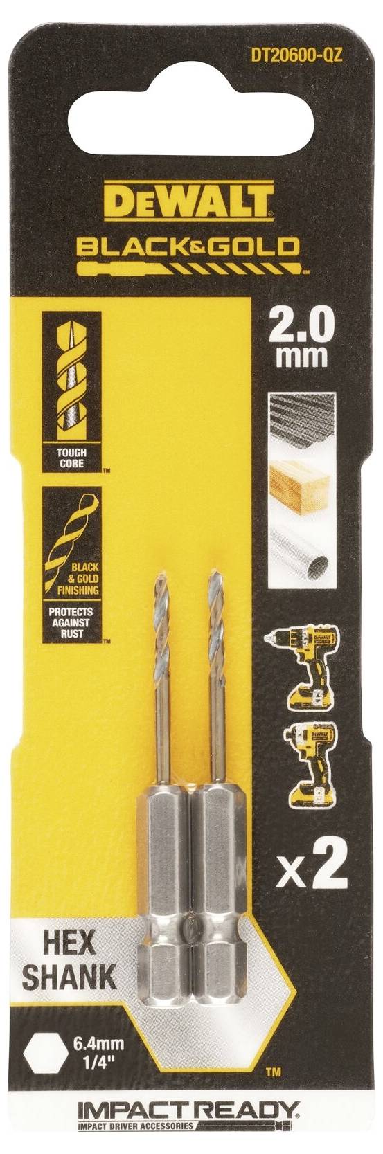 DEWALT DT20600-QZ HSS-G Metal twist drill bit 2 pieces 2 mm Total length 55 mm corrosion-protected Hex 2 pc(s)