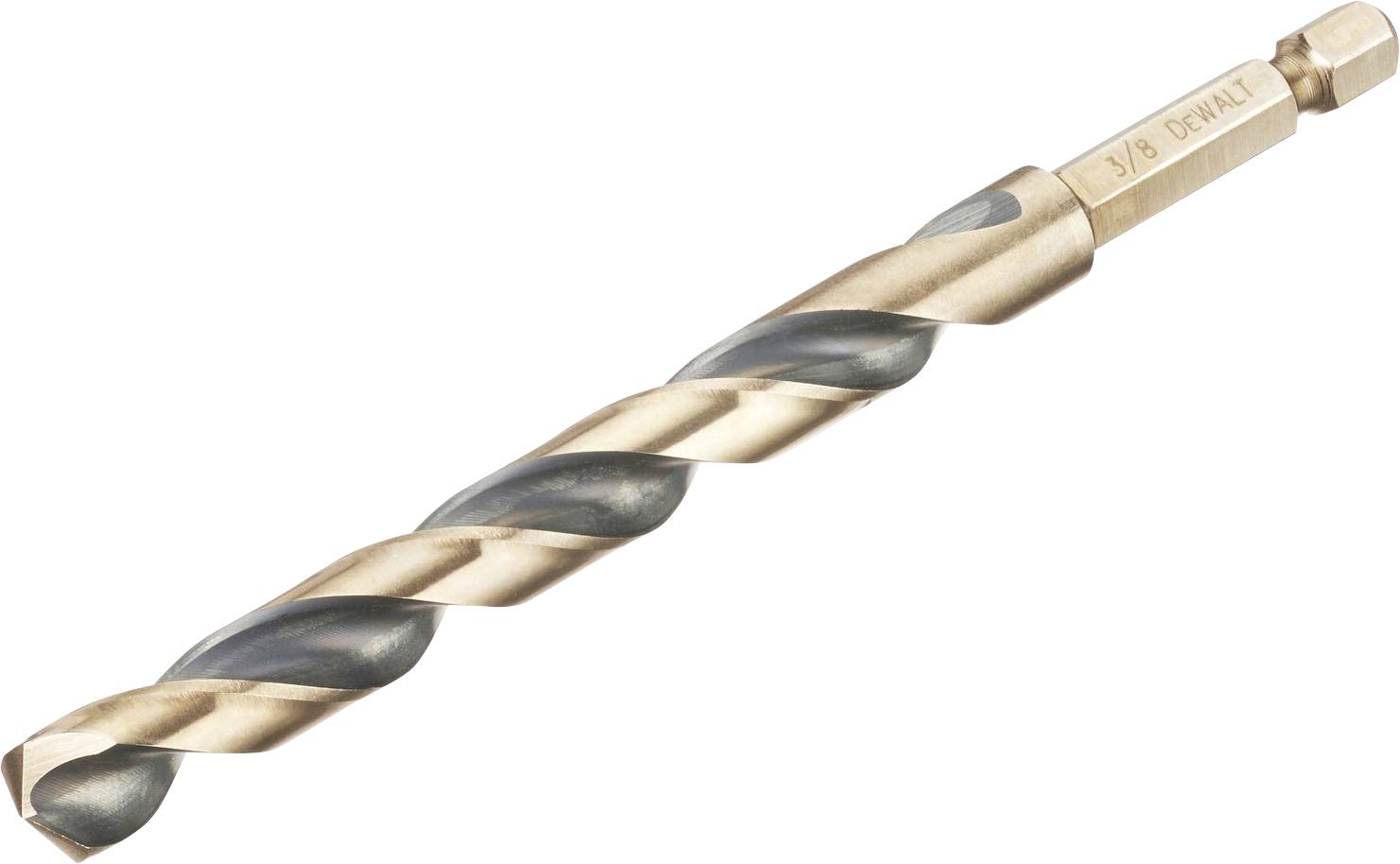 A drill in close-up, gold-coloured with a spiral design, engineered for drilling into surfaces, brand name engraved.