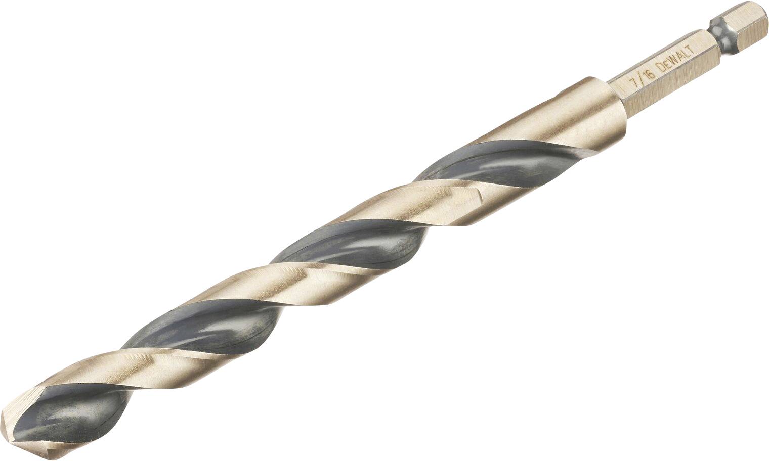 A spiral drill bit with a hexagonal shank, suitable for use with various materials.