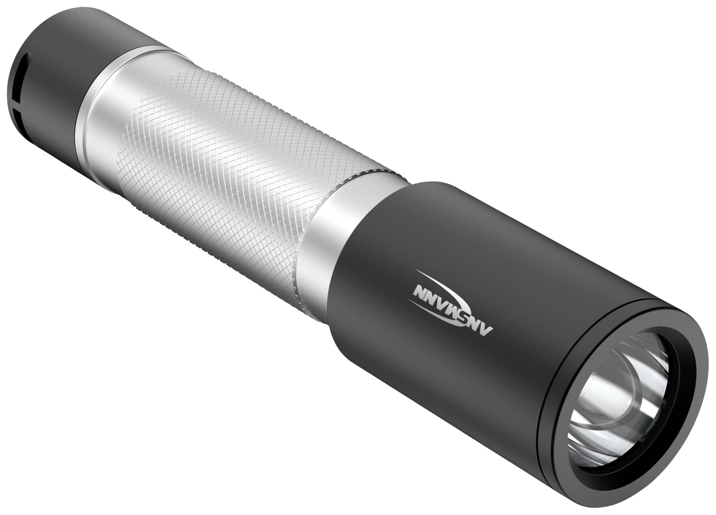 Black torch with silver handle and textured surface, lying flat on white background.(Note: In British English, 