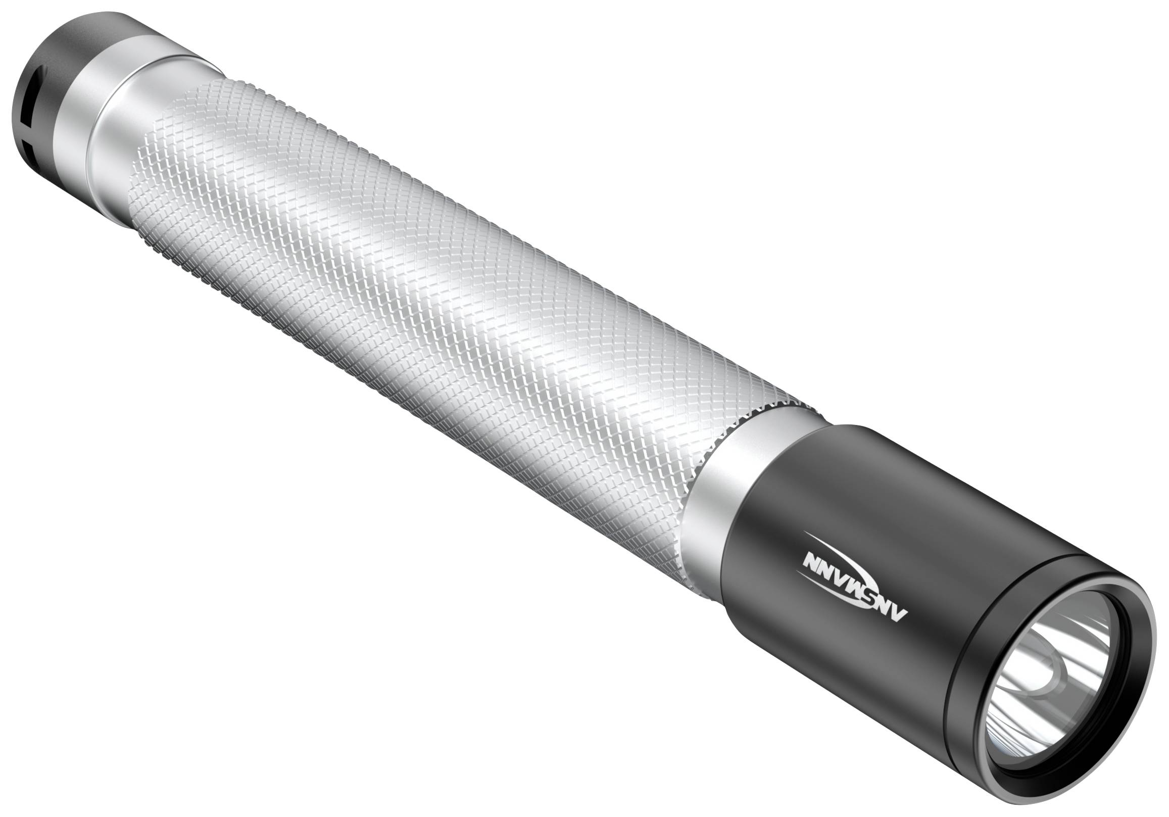 Silver torch with a black head and textured grip. Perfect for outdoor activities or emergencies.