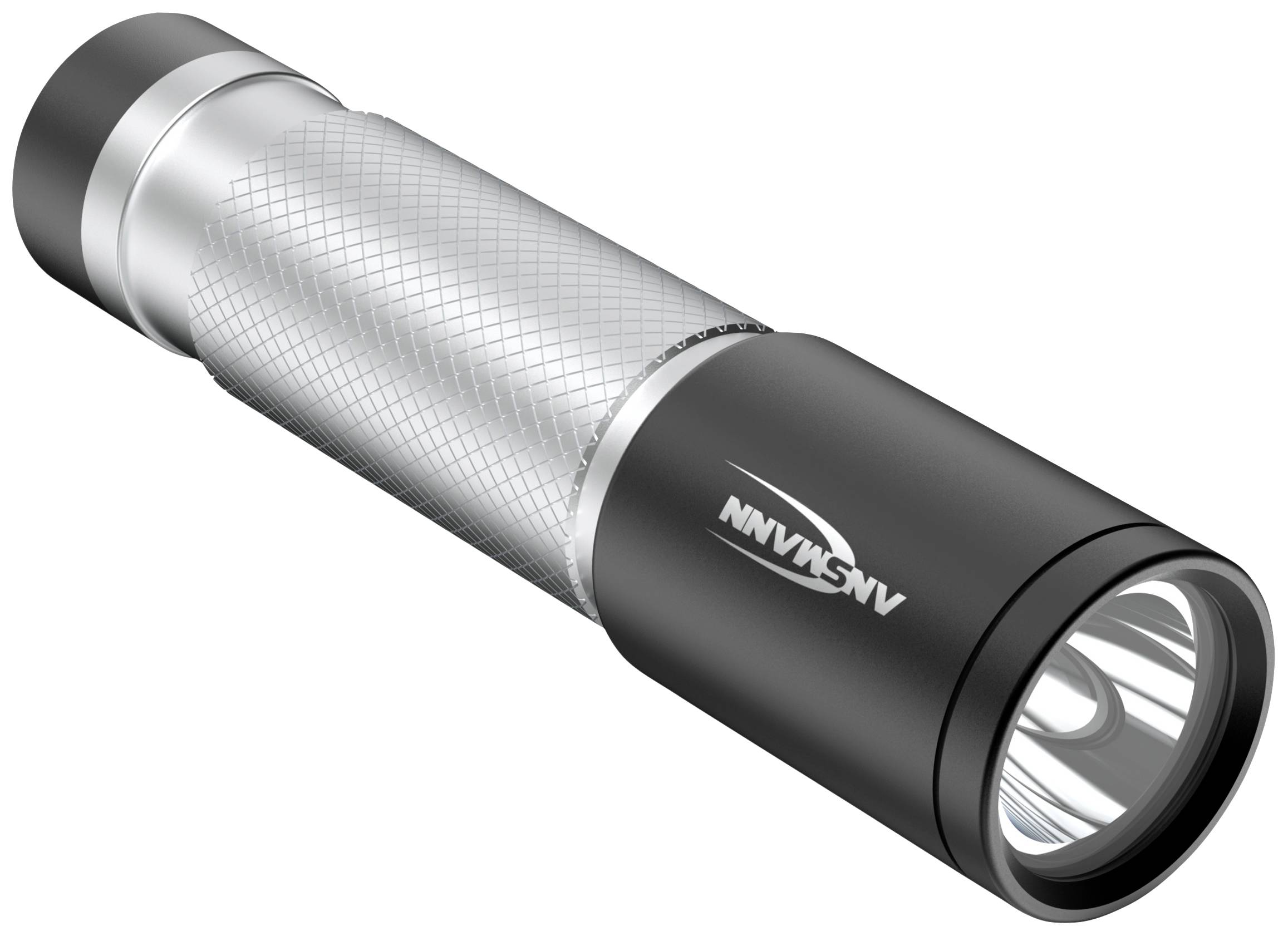 Torch with a silver handle and black head. It has a ribbed surface for improved grip. Ideal for outdoor activities.