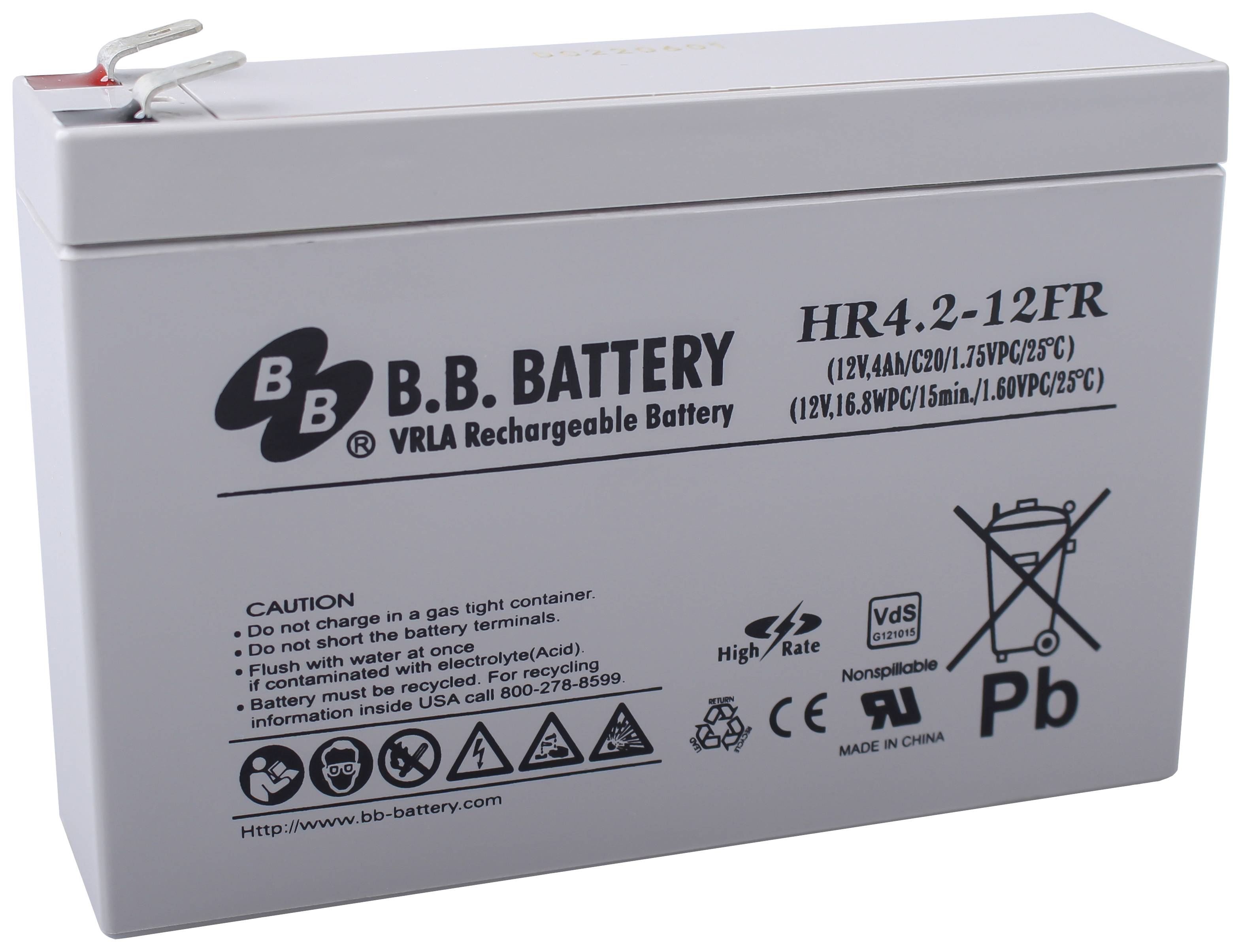 Grey rechargeable lead-acid battery by B.B. Battery, model HR4.2-12FR, with warning notices and technical symbols on the front.