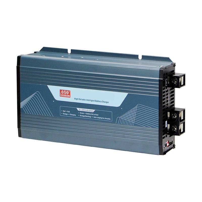 A blue, rectangular battery charger with ventilation openings on the right side and a red label on the front.