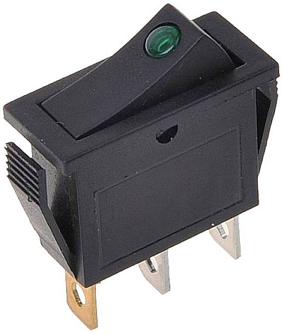 Black toggle switch with green light indicator on the top surface, mountable with three metal slots for electrical connections.