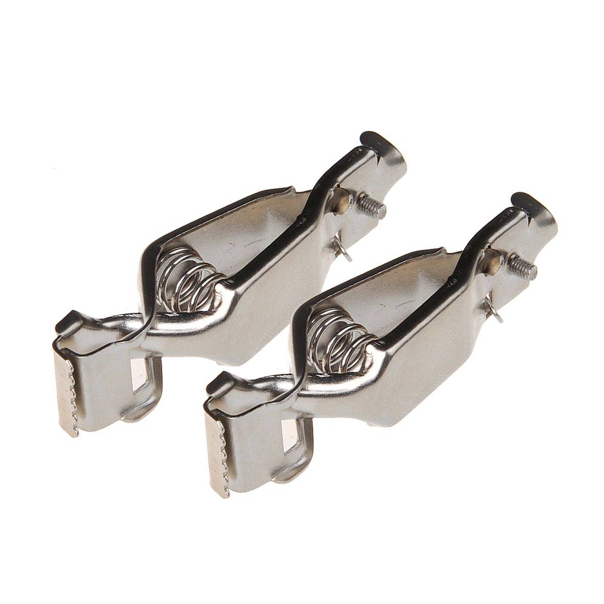 Two silver metal clips with spring mechanism, lying side by side, on a white background.