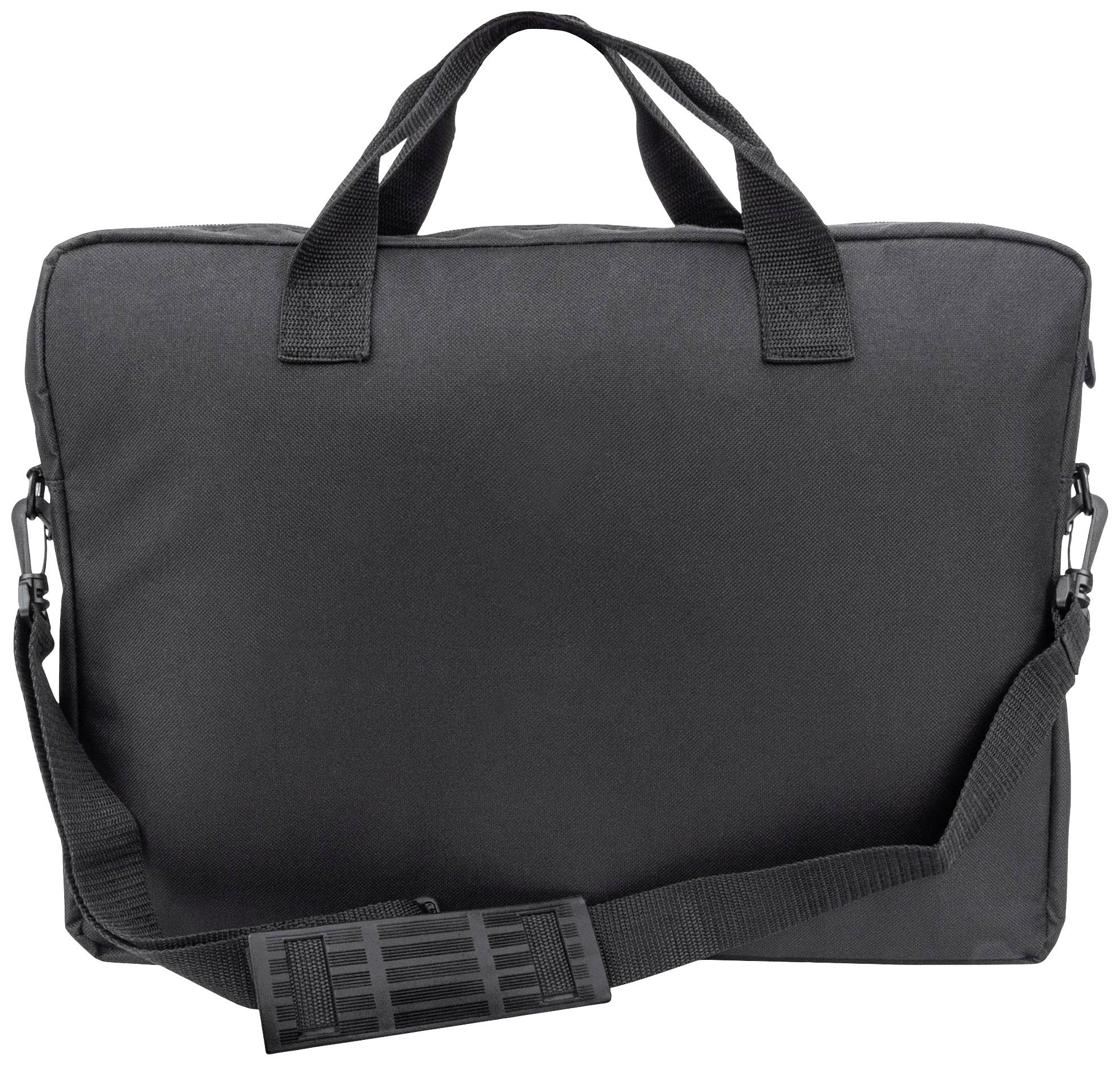 A black leather briefcase with two handles and a detachable shoulder strap.