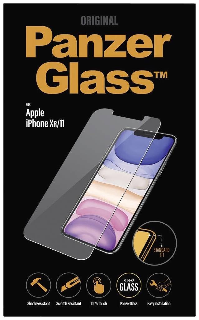 'PanzerGlass' screen protector for iPhone XR/11, provides impact resistance, scratch resistance and easy installation.