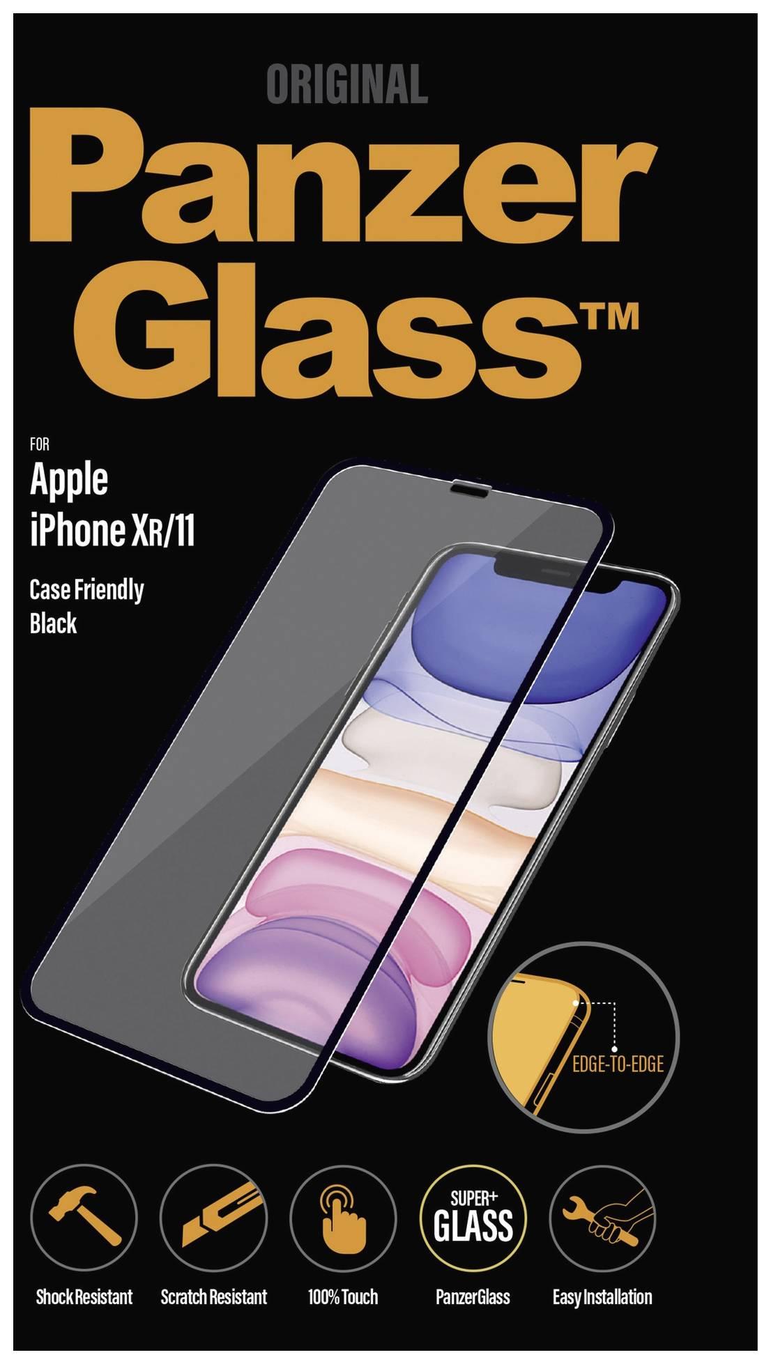 Packaging for PanzerGlass Screen Protector for Apple iPhone XR/11. Features: scratch-resistant, easy to install, 100% touch sensitivity.