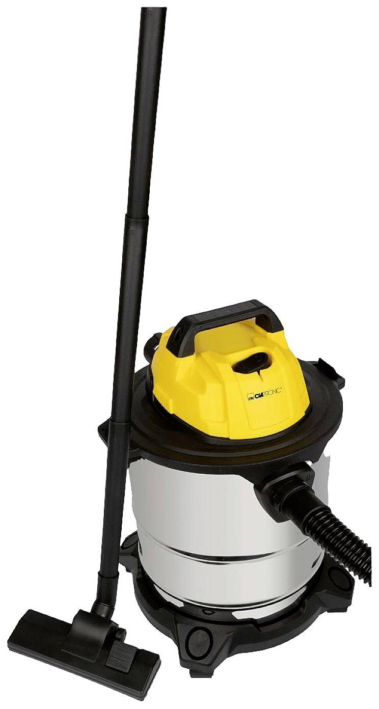 Industrial vacuum cleaner with yellow and black casing, silver tank and black suction tube. Suitable for heavy-duty dirt and debris.
