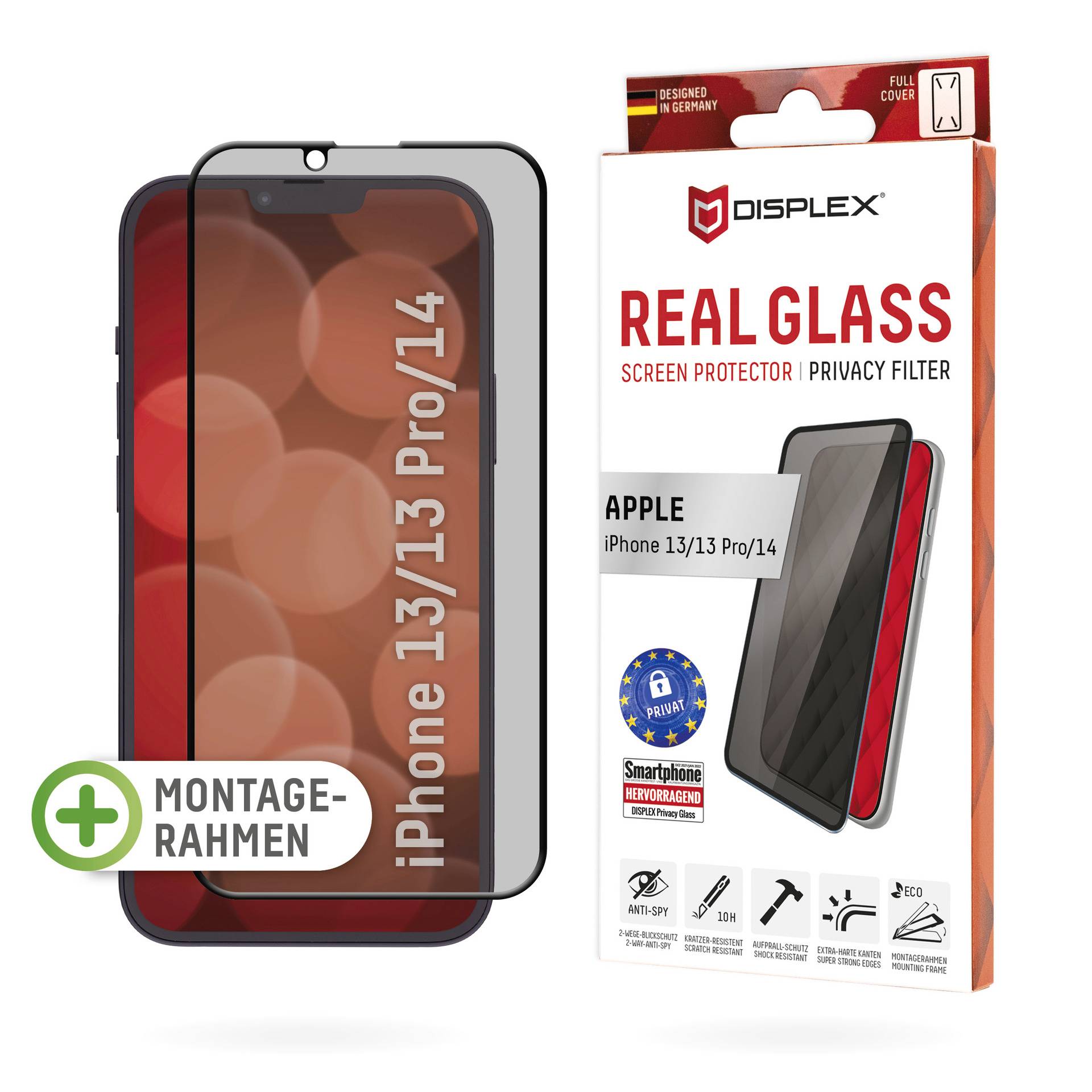 Privacy screen protector for iPhone 13/13 Pro/14. Packaging shows mounting frame and product image with print.