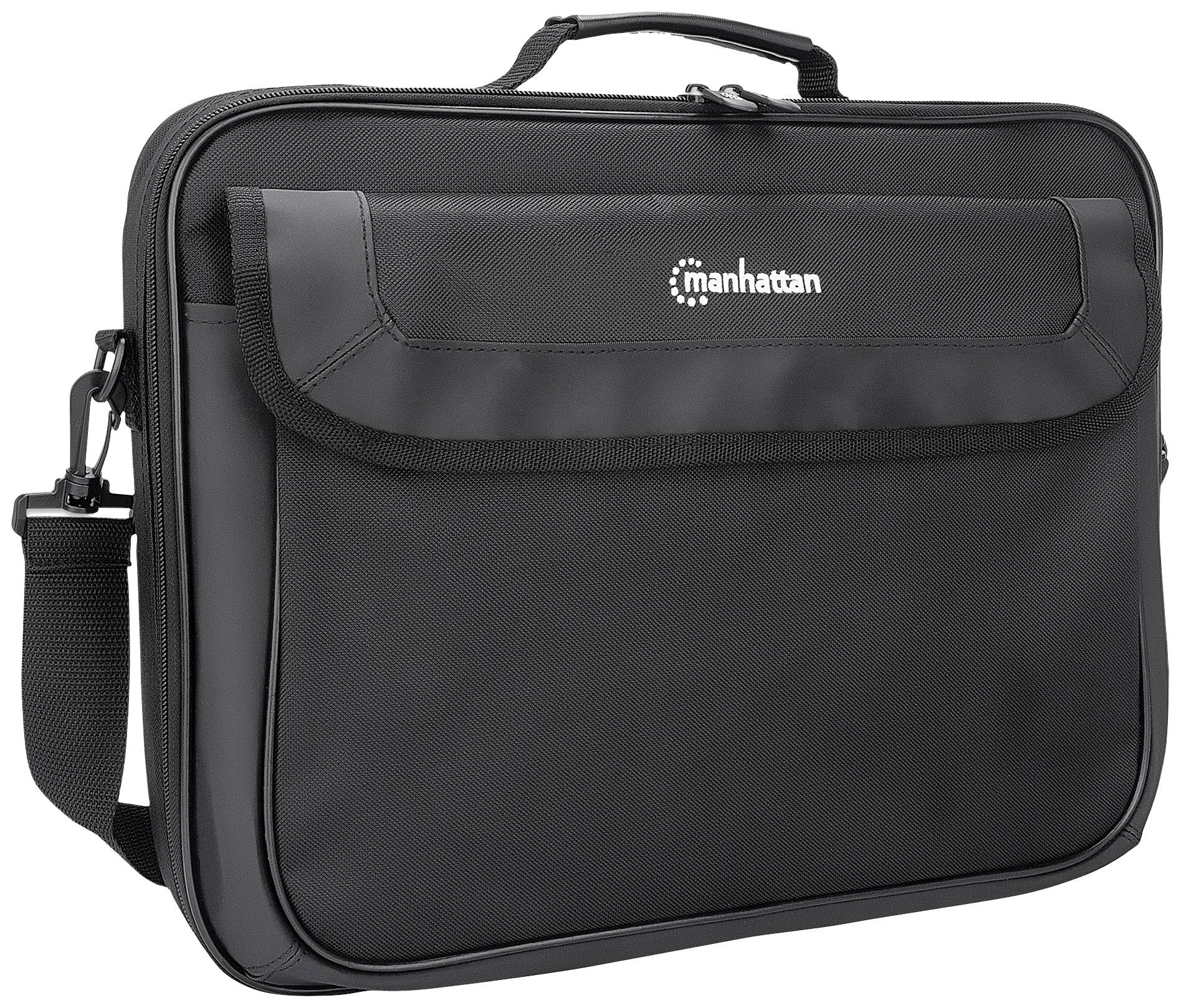 A black fabric laptop bag with a handle on top, a zip, and 'manhattan' logo on the front.