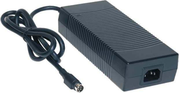 Black laptop power adapter with cable and plug, rounded design with ribbed pattern.