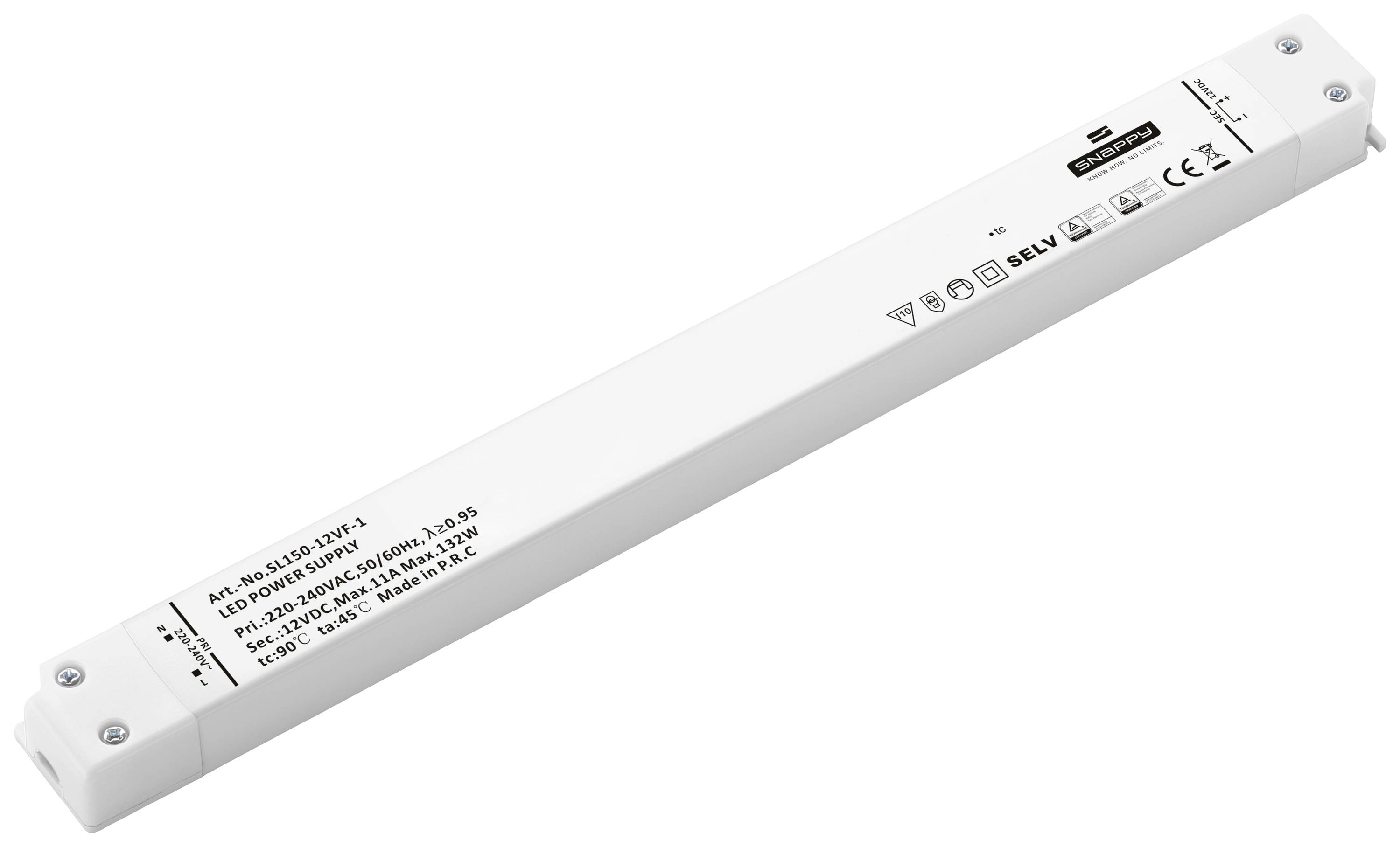 A long, white rectangular device with technical specifications and safety markings printed on it; presumably an LED driver.