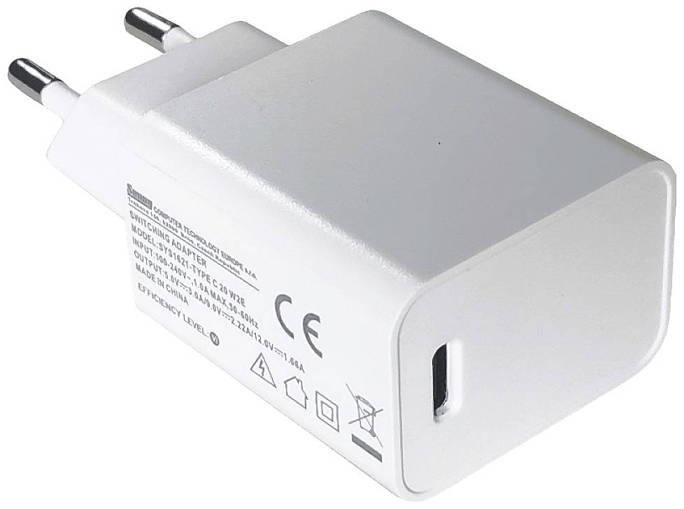 White USB charger with European plug, CE marking and technical details printed.