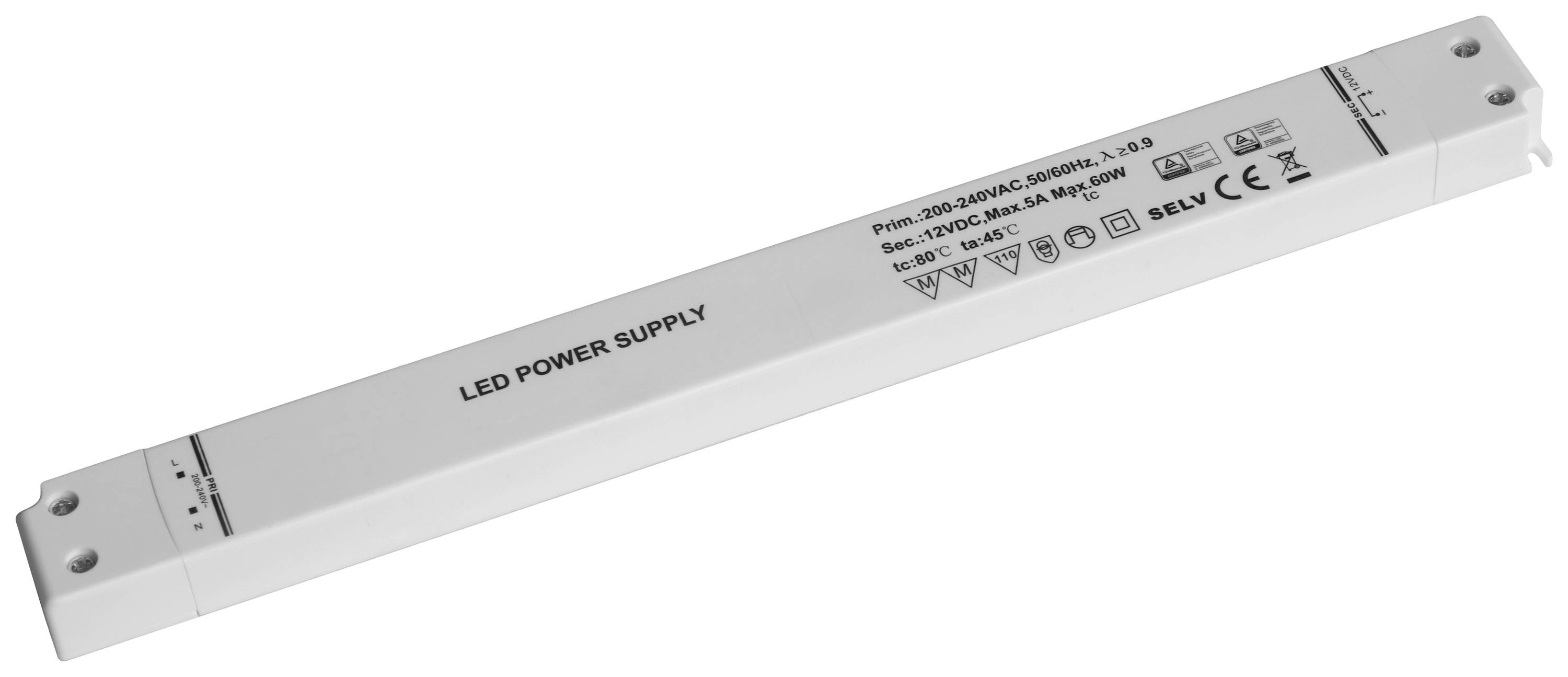 Long rectangular LED power supply with inscription 'LED Power Supply', showing technical specifications and certification symbols.