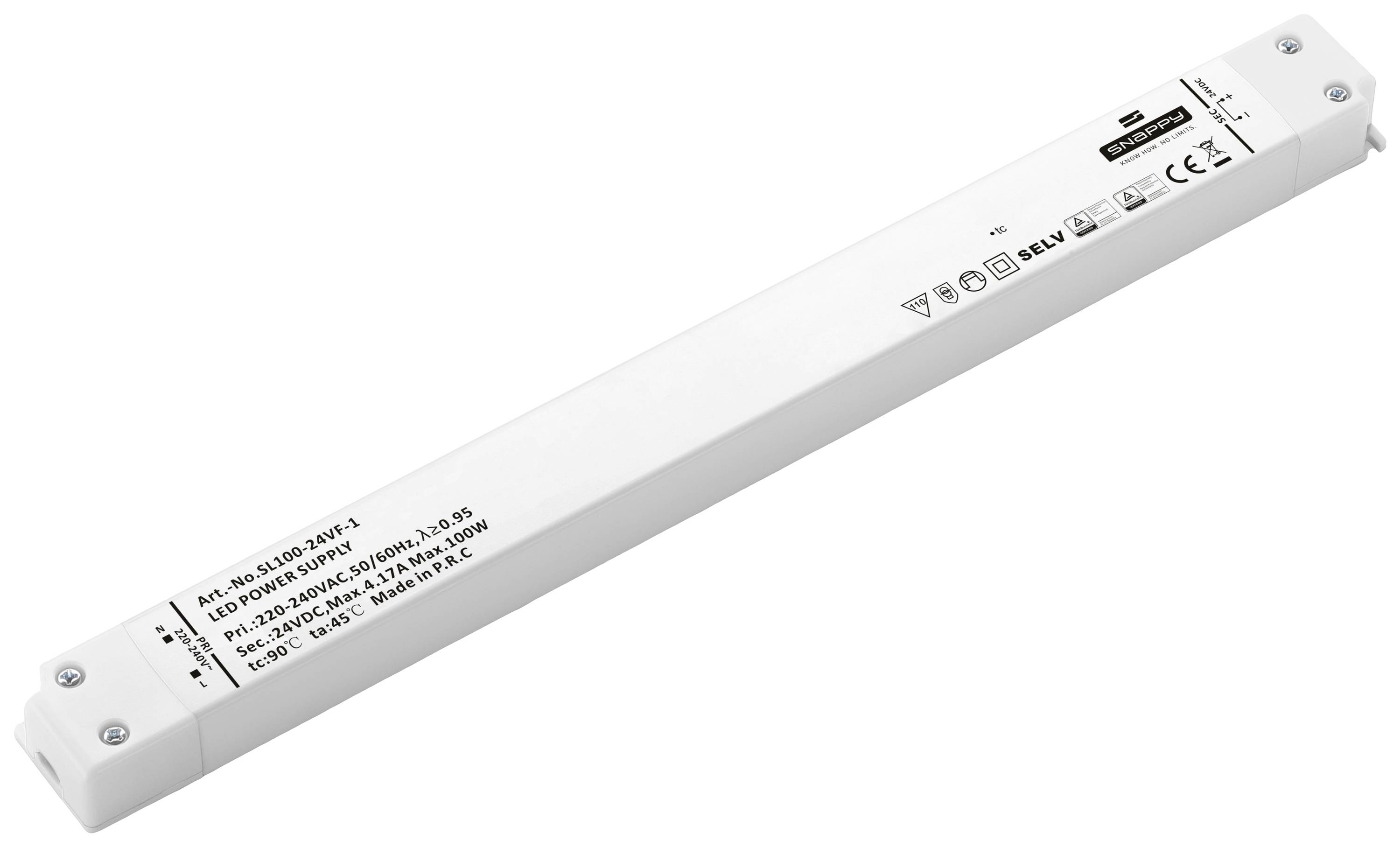 A white, rectangular LED component with technical specifications and certification logos on its surface, depicted against a white background.