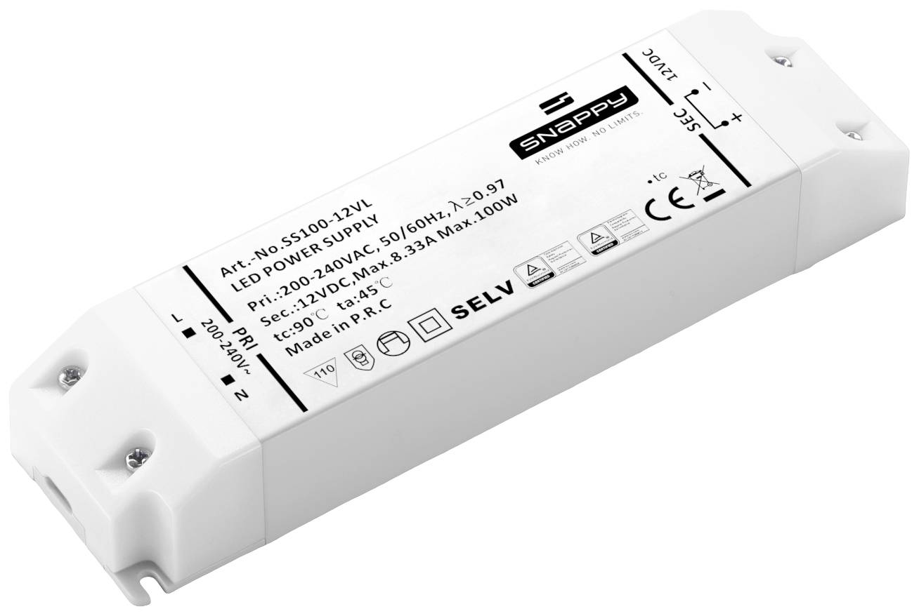A rectangular LED power supply from 'Snappy', Model: SLP100-12VL, 100W maximum, 8.3A, Plug: 240V, CE and RoHS compliant.