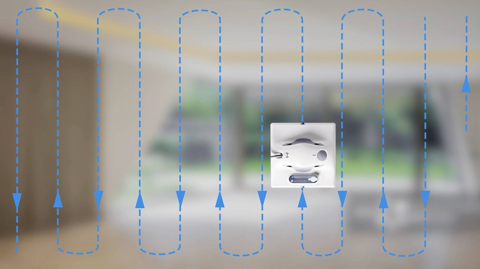 Air flows in a room illustrated. Blue arrows show an air circulation path from top to bottom and back up again.
