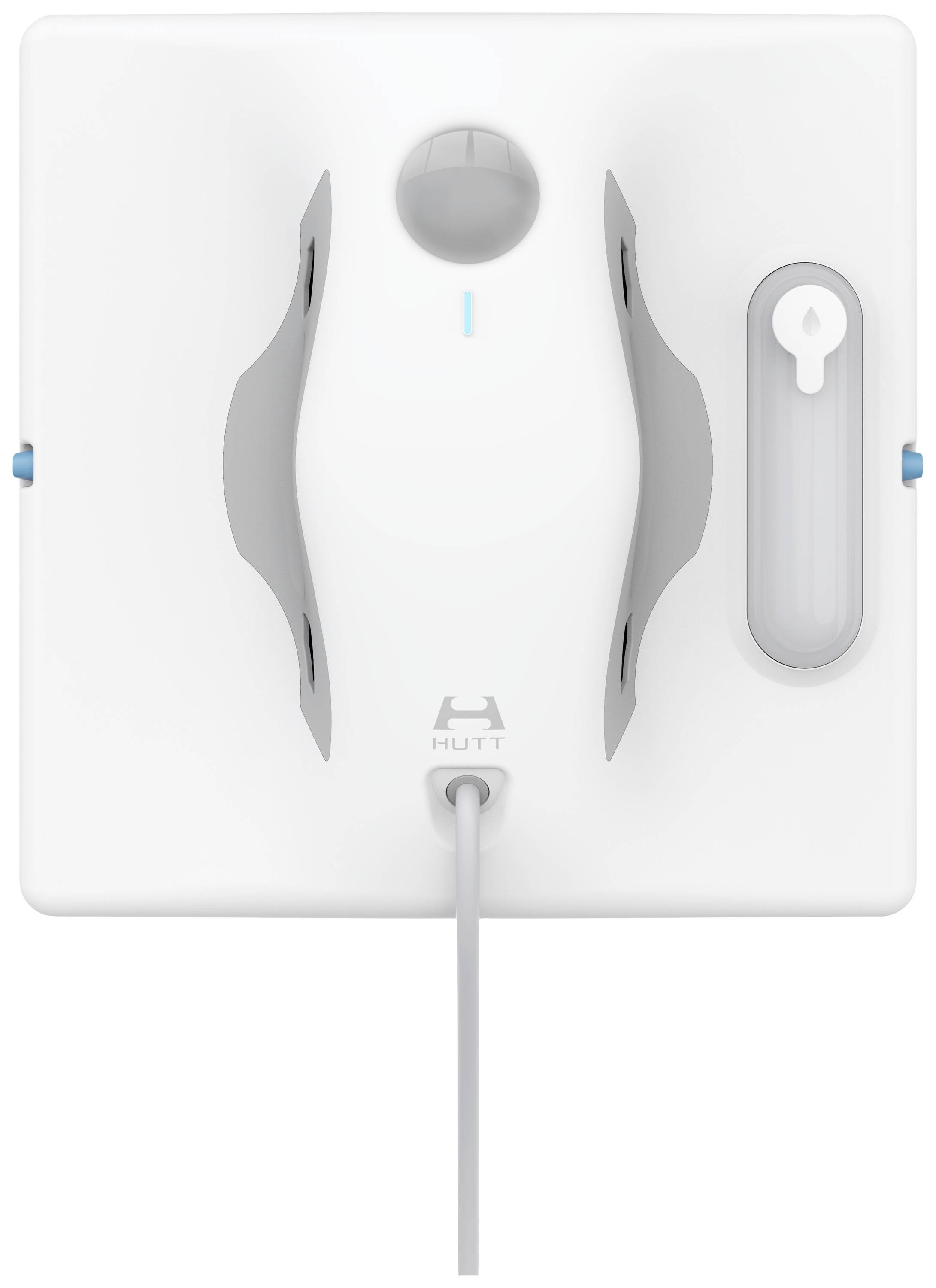 The image depicts a square, white window cleaning robot with grey mountings and a sensor module positioned centrally at the top.