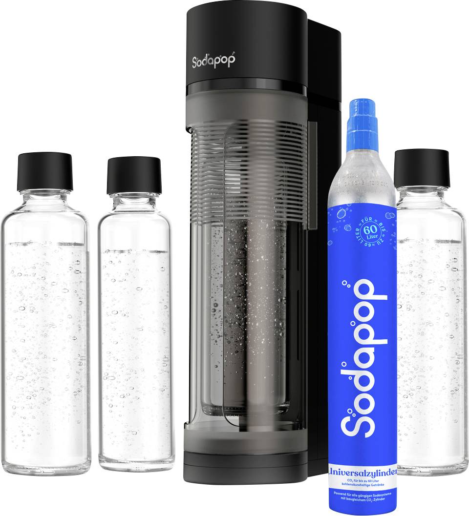 A black sparkling water maker with three transparent bottles and a blue carbon dioxide cylinder with the inscription 'Sodapop'.