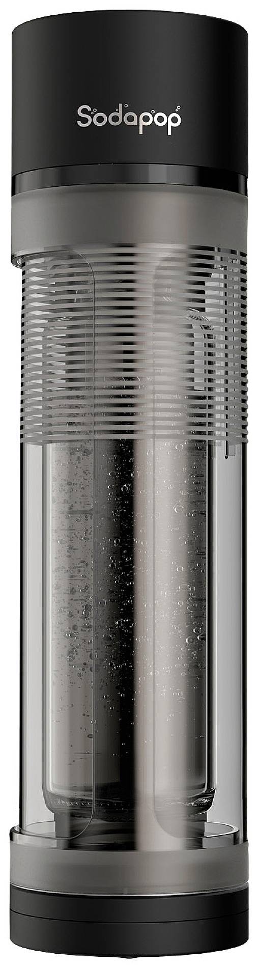 SodaStream bottle, black and grey design with 'Sodapop' logo at the top; cylindrical, transparent, revealing sparkling water inside.