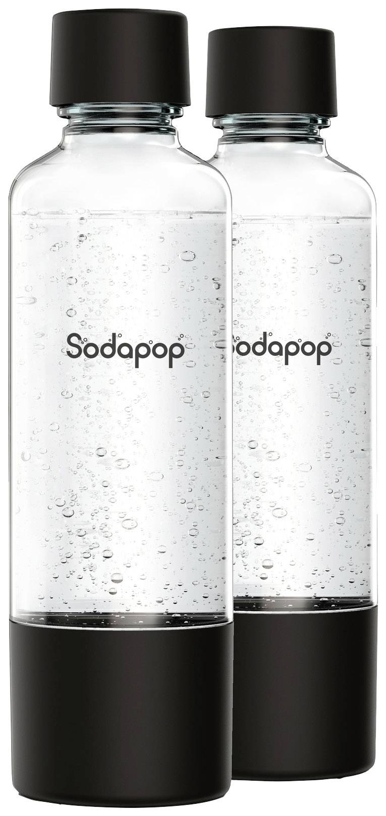 Two clear sparkling water bottles with black bases and lids, the brand 'Sodapop' visible on the bottles.